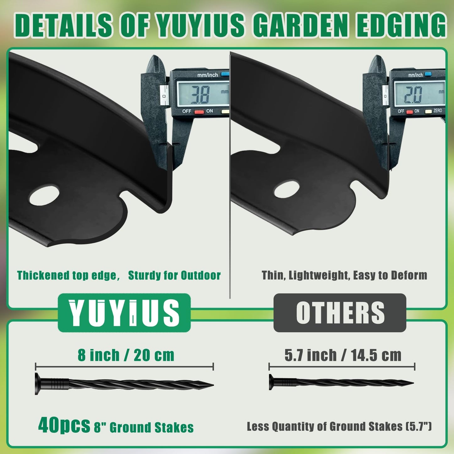 YUYIUS Landscape Edging - Garden Edging Border 40FT 2IN Tall with 40 Stakes, No Dig Lawn Edging for Landscaping for Garden Bed, Yard, Thickened Top Edge (0.15”) Flower Bed Border Edging for Outdoor