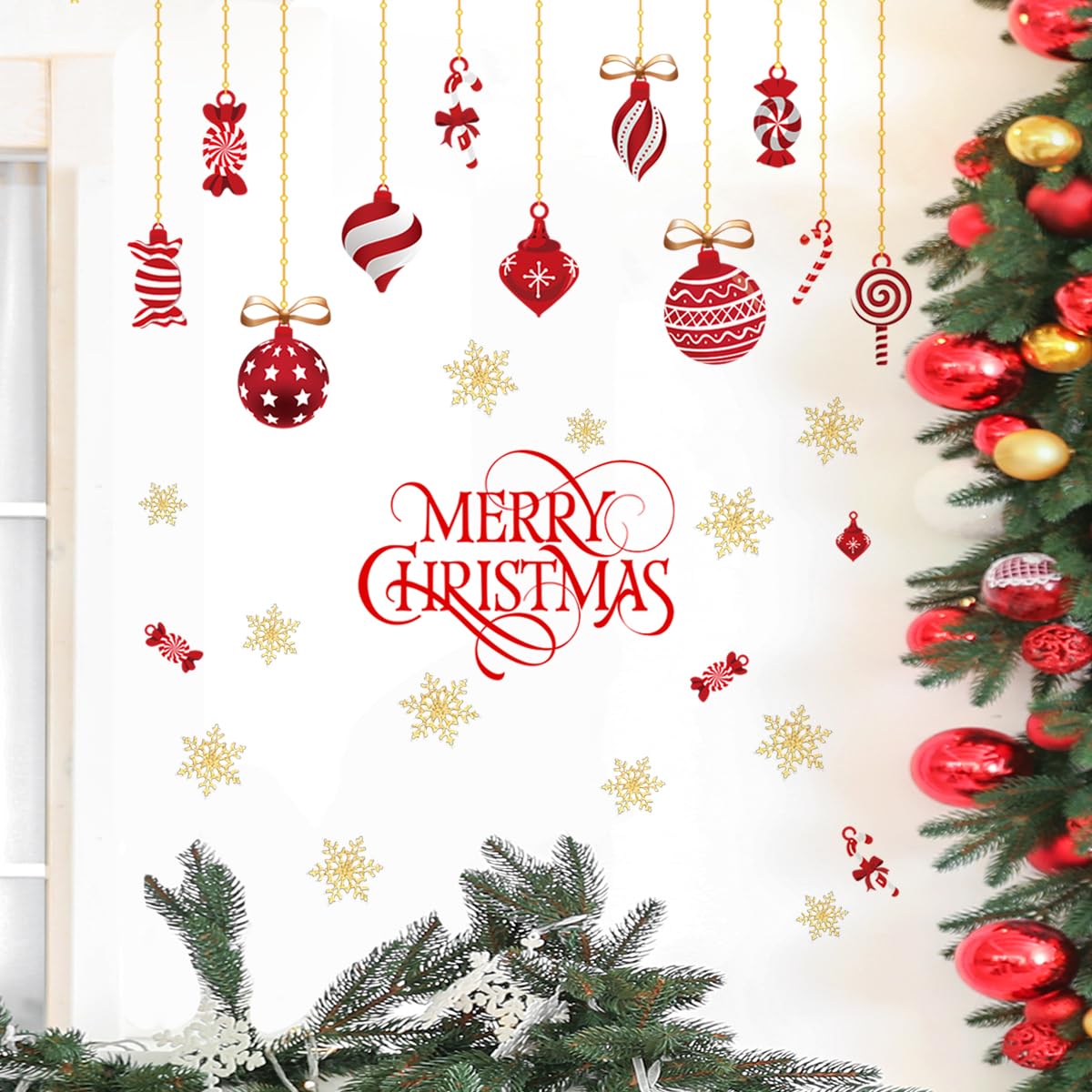 2 Sheets Christmas Wall Decals Christmas Light Bulb Wall Stickers Xmas Ball Foil Swirls Hanging Ceiling Decoration for Indoor Xmas Party Decoration Accessories