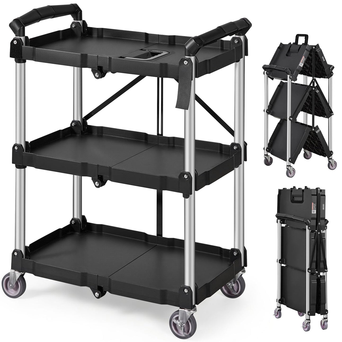 VEVOR Foldable Utility Service Cart, 165LBS 3 Shelf Heavy Duty Plastic Rolling Cart with 360° Swivel Wheels (2 with Brakes), Ergonomic Handle, Portable Garage Tool Cart for Warehouse Office Home