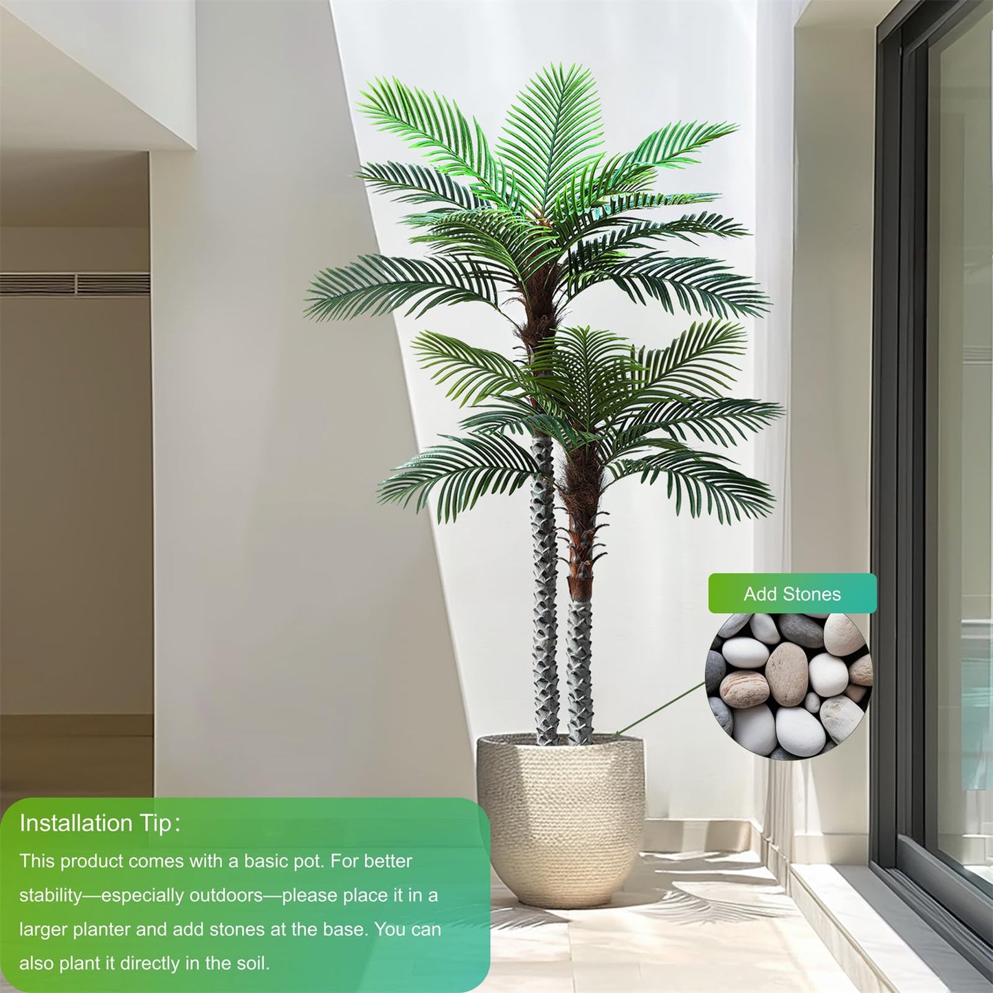 Nafresh 8ft Tall UV Resistant Faux Palm Tree, 96in Artificial Palm Tree Indoor Outdoor, Fake Tree with Real Bark and Realistic Leaves and for Home House Office Living Room Yard Patio.