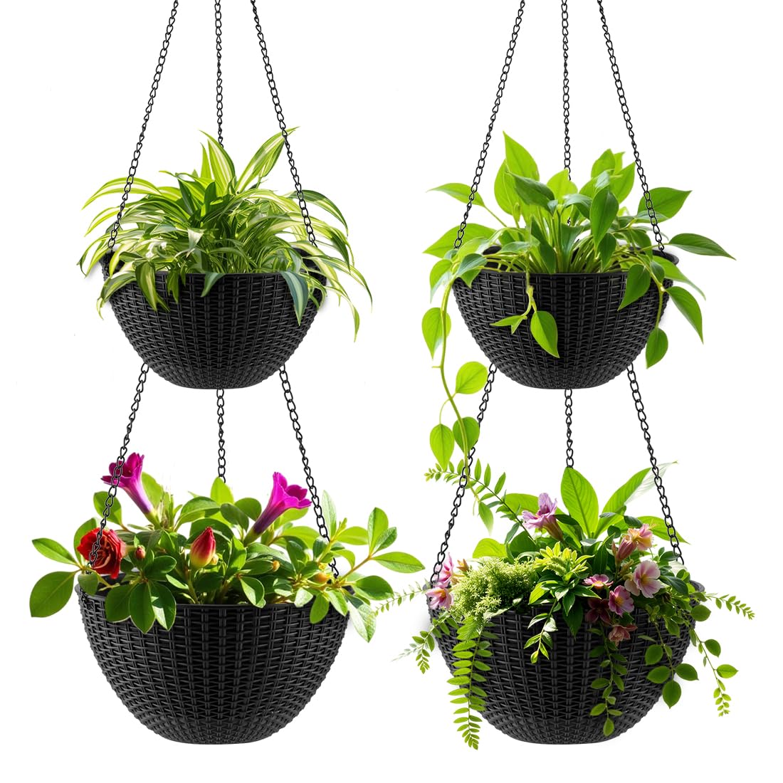 RooTrimmer Hanging Planters for Indoor Outdoor Plants 8 and 10 Inch, 4 Packs Hanging Flower Pot with Drainage Holes, Self-Watering Hanging Basket Perfect for Home, Office and Garden, Black