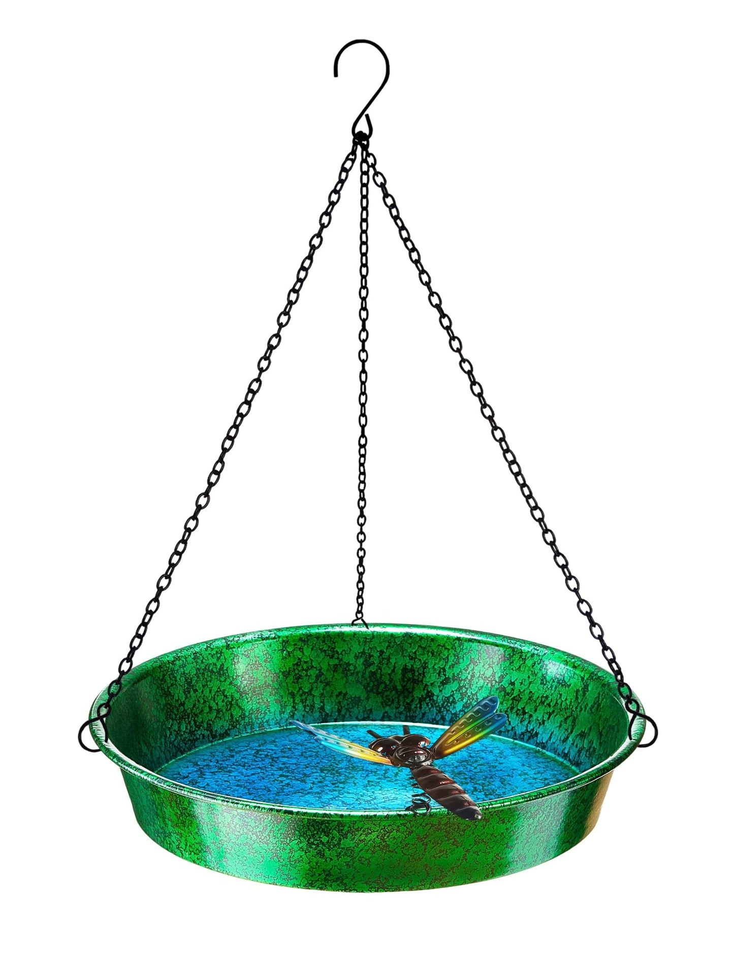 Hanging Bird Bath for Outside, 11.5” Metallic Green & Blue Metal Birdbath Bowl & Feeder with Black Chain Outdoor Garden Yard Decor