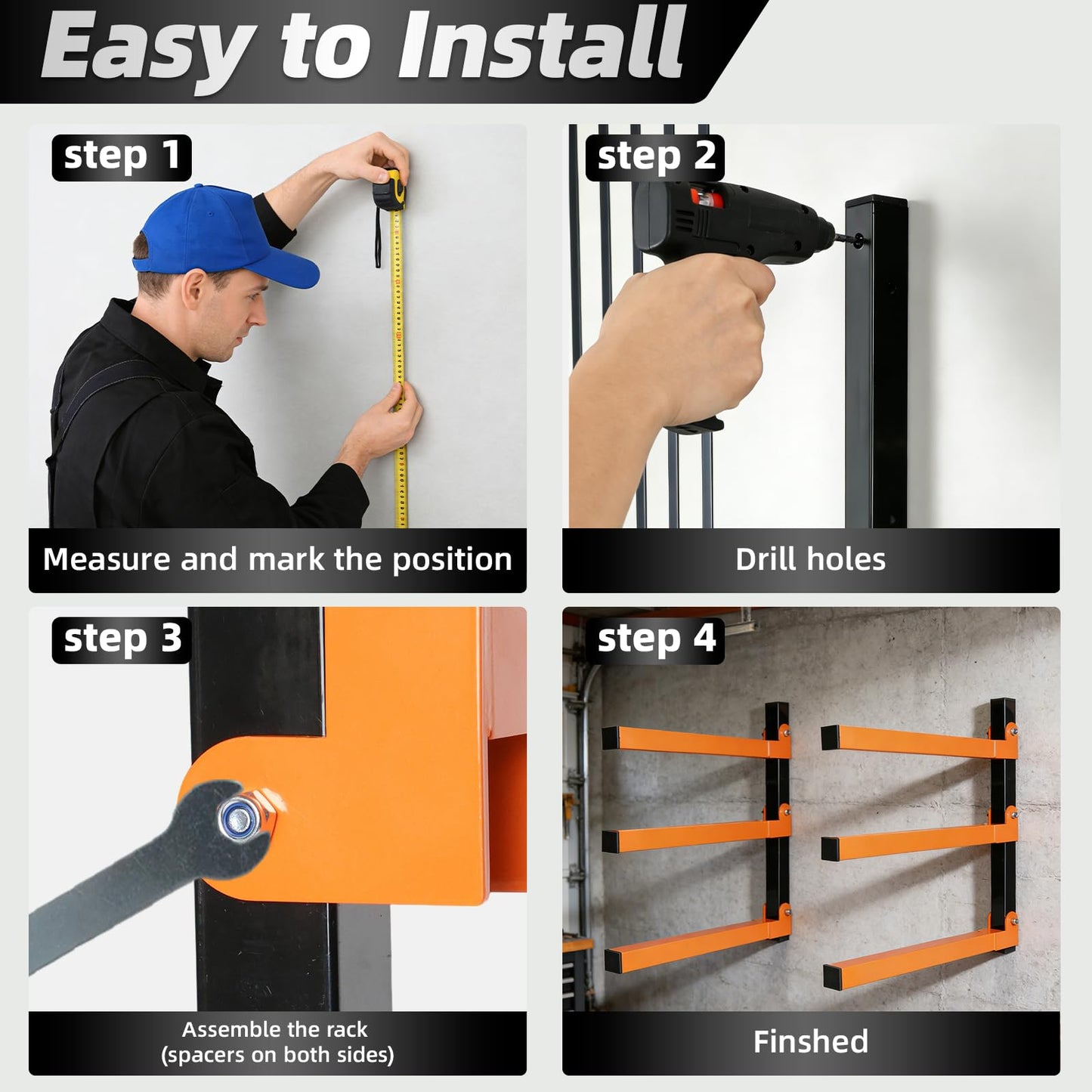 Dometrix Lumber Storage Rack Wall Mounted 2 Pack, Wood Organizer with 3-Level Holds Up to 660LBS, Heavy Duty Folding Metal Garage Organizer for Indoor and Outdoor, Orange