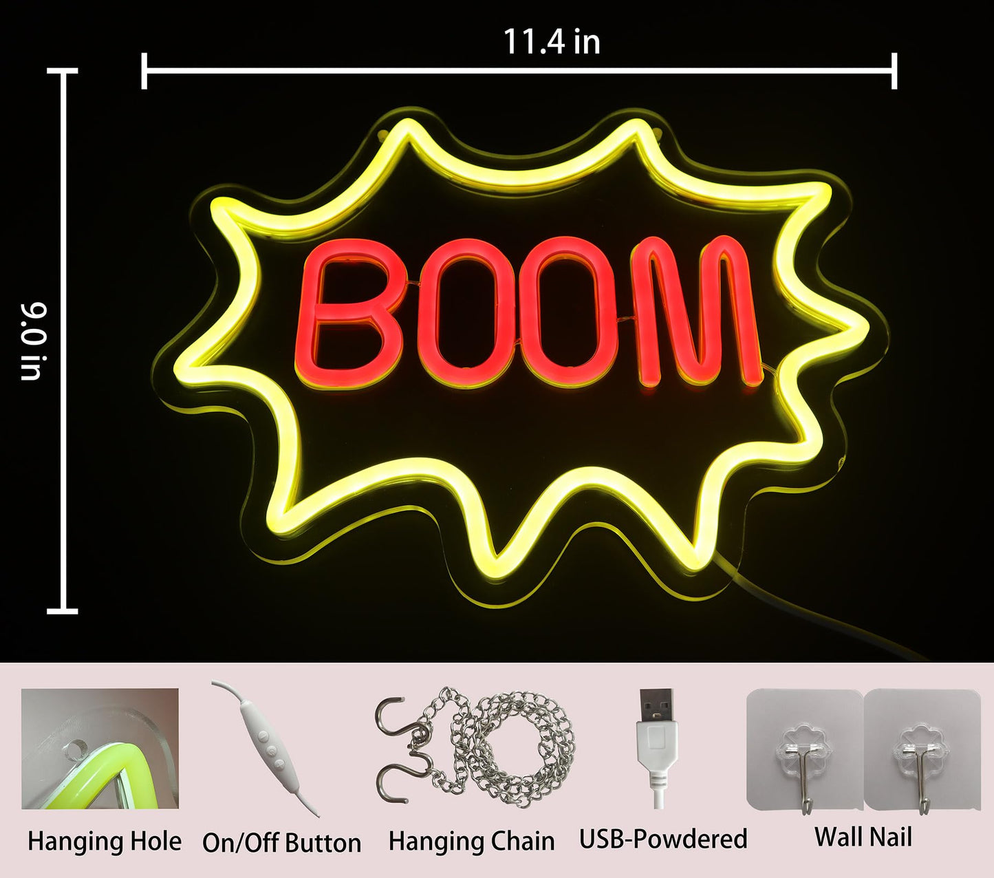 DAKALADONKI Boom Neon Sign – USB Powered Neon Light for Game Room, Music Studio, Home Bar, Gym Wall Decor, 11.4 x 9.0 Inch