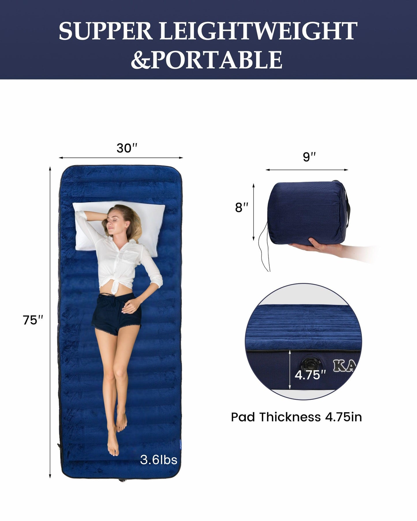 Kampair Inflatable Sleeping Pad for Camping, Extra-Thick 4.75" Single Air Mattress with Soft Velvet Top, Machine Washable, Family Lightweight 4-Season Pad for Traveling & Hiking, Blue