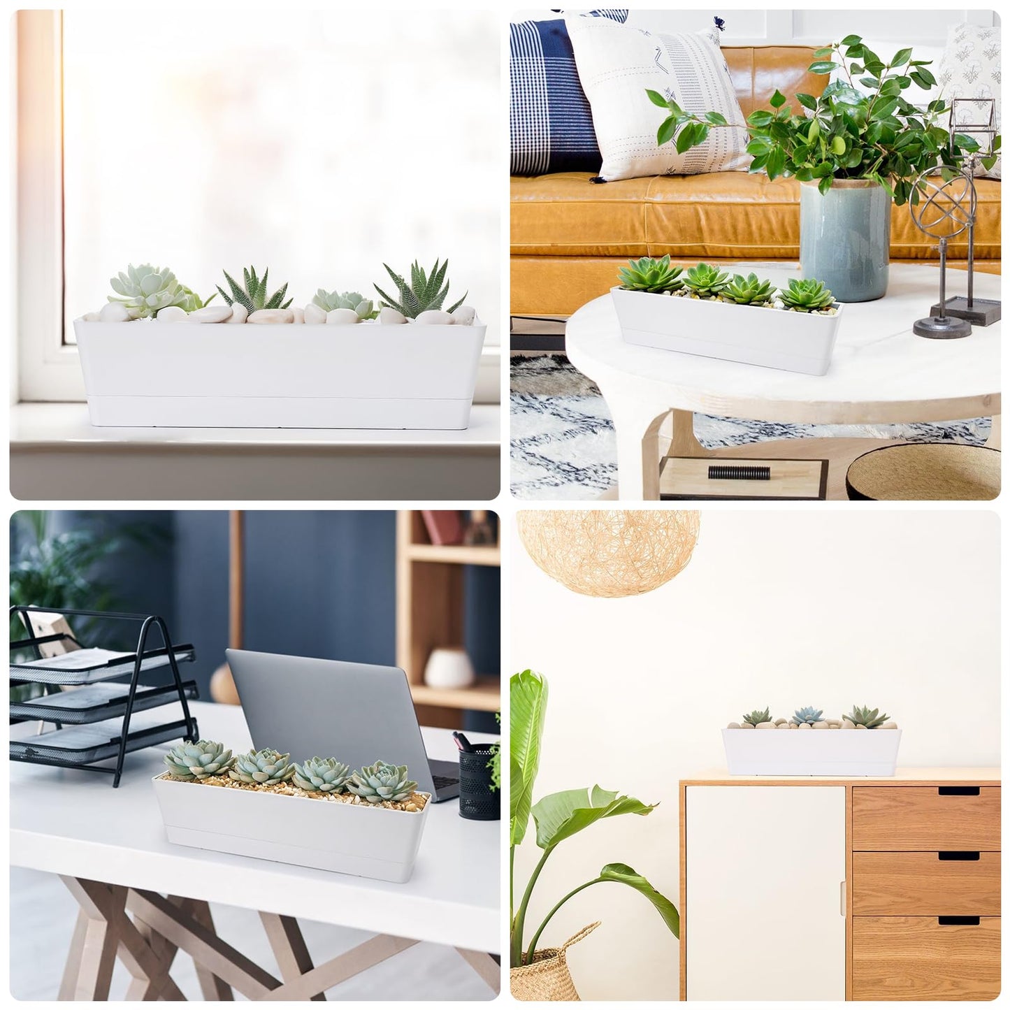 GREANER 16x3.8 Inch Window Boxes Planters, 1PCS Plastic Rectangle Potwith Tray, Lightweight Indoor Succulent Cactus Flowers Vegetable Herb Planters for Balcony, Office, Garden, Outdoor, Windowsill