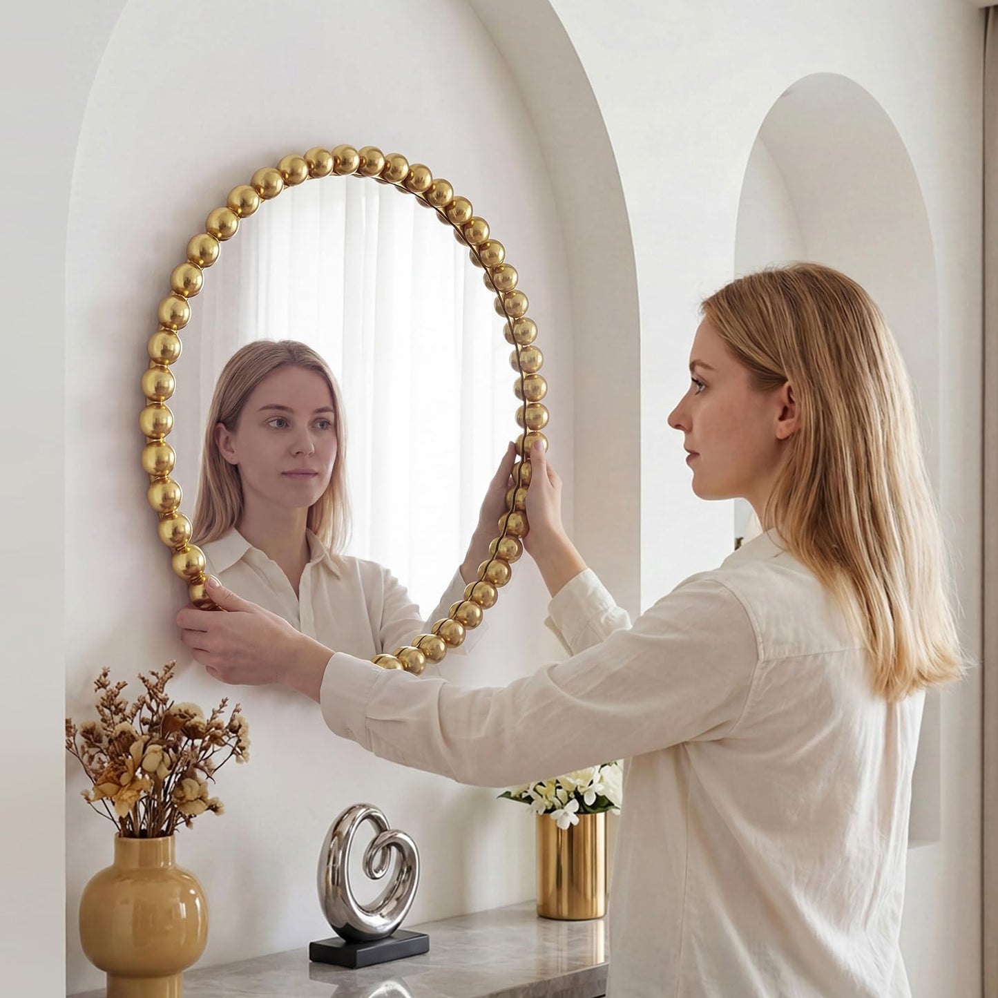 PERHOM Wall Mirror Decor Modern - Round Gold Large Beaded Mirror Decor,Circle Wall Mirror for Hallway,Bathroom,Living Room,Dining Room,Badroom,Entryway,27'' Metal Framed