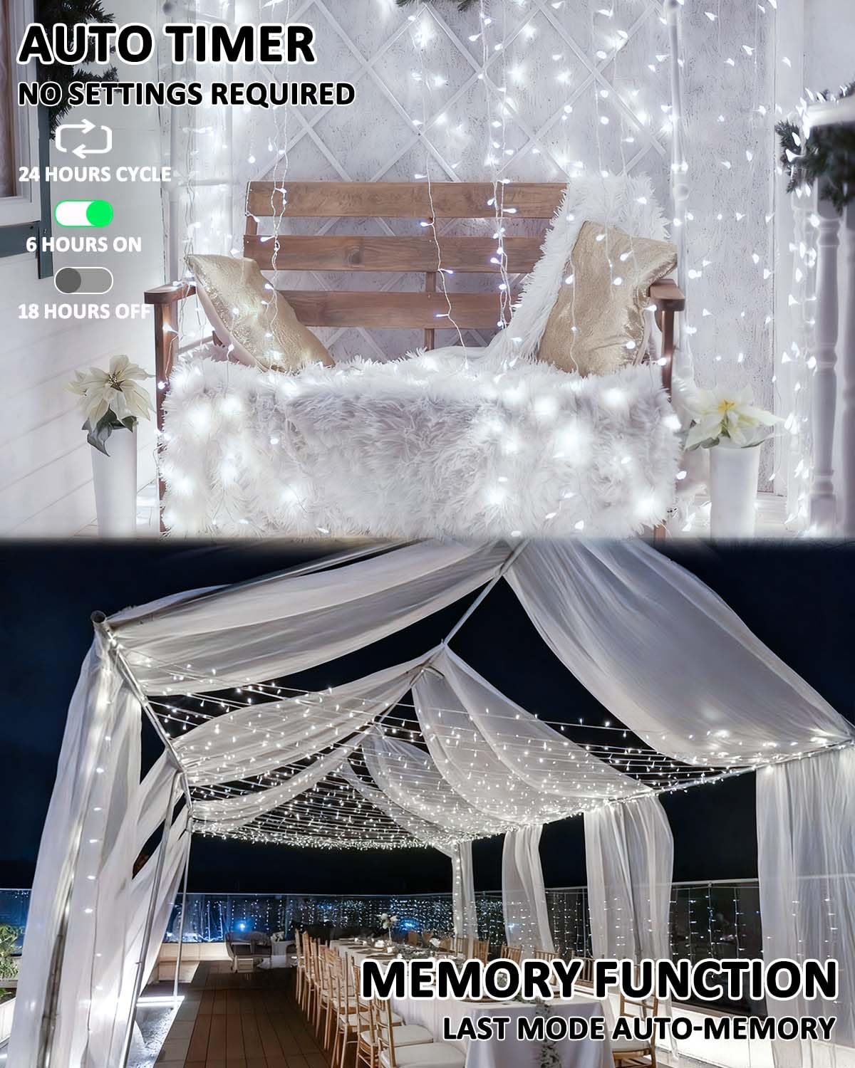2 Pack String Lights Battery Operated with Timer, 66FT 200 LED Waterproof Battery Twinkle Lights, 8 Modes Fairy Light for Indoor & Outdoor Party Bedroom Porch Tree Christmas Decorations (Cool White)