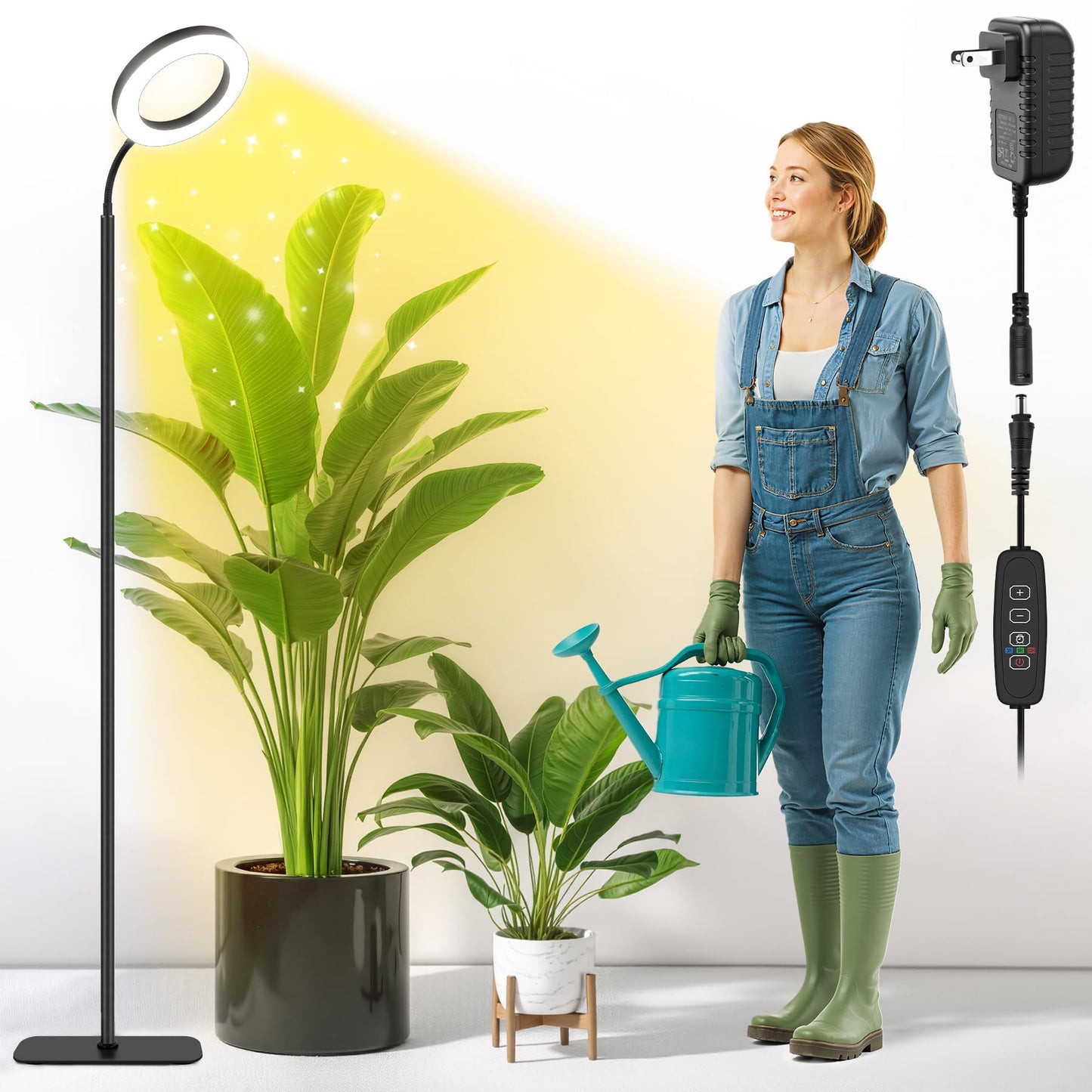 MistyJungle Grow Lights for Indoor Plants,Floor Lamp with 63IN Stand,Full Spectrum,10 Dimming,Halo Ring Warm Light, 3/9/12H Timer,Height Adjustable,Metal Stable Base Growing Light for Tall Small Plant