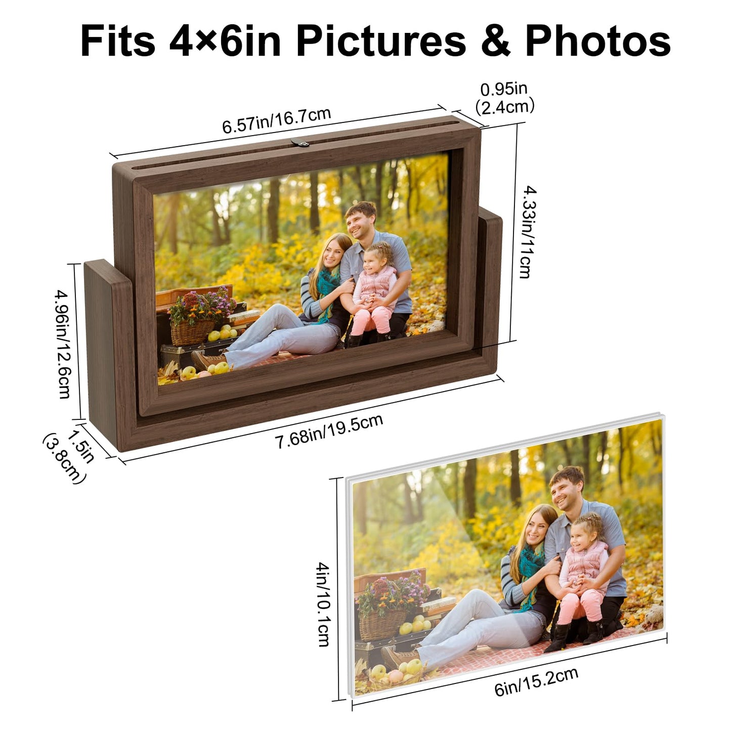 Mixoo 4x6 Picture Frame Rotating Photo Frame, Wooden Picture Frames 4x6 Horizontal Double sided Rustic Floating Frame for Desk Tabletop Family Office Wedding