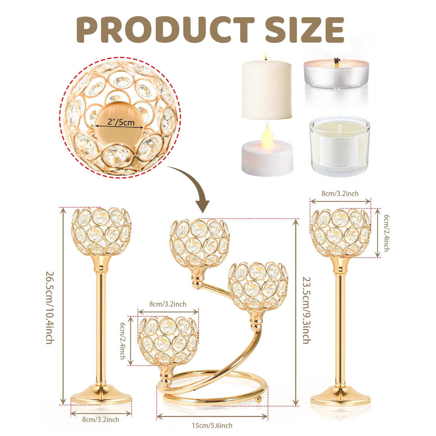 KEHAIL Gold Metal Crystal Candle Holder Set of 3 - Elegant 5-Arm Metal Tea Light Centerpiece with Shining Crystal Bowl, Wedding Anniversary Table Decor for Dining, Party