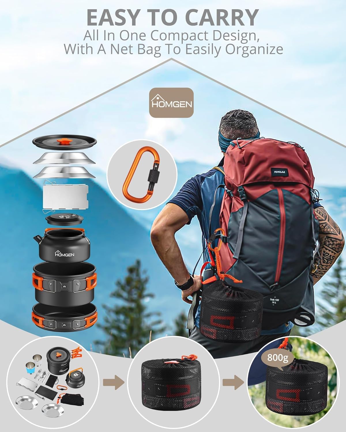 HOMGEN Portable Camping Cooking Set with Folding Windscreen-Lightweight Aluminum Camp Pots and Pan-800ml Teapot- 2 Cups & Plates- Complete Camping Mess Kit for Hiking Picnic Camping RV Trevel Trip