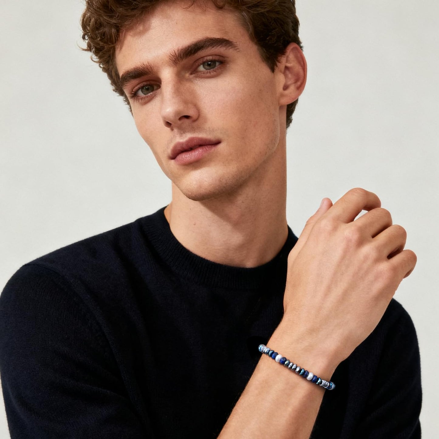 Holamonte Natural Stone Beaded Bracelets for Men, Tigereye Bead Link Bracelet, Adjustable Retractable Cord, Men's Chakra Protection Lapis Hematite Glass Pearl Bracelet, Ideal Gift (Blue)