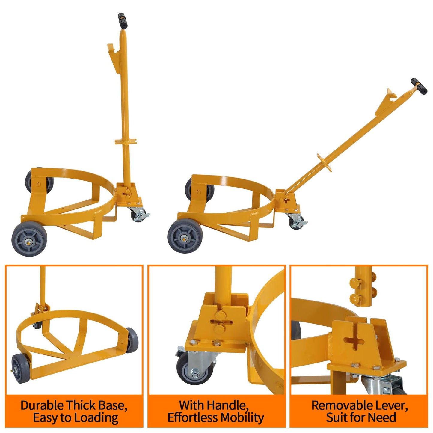 55 Gallon Drum Dolly, 1200lbs Capacity Oil Drum Cart with Bung Wrench Handle and Poly-on-Steel Wheels with Brake, Low Profile,Yellow