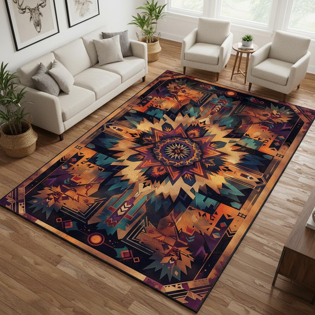 Southwestern Aztec Area Rug 5'x7' – Tribal Geometric Pattern Carpet for Living Room, Rustic Washable Boho Accent Decor, Native Inspired Non-Slip Floor Mat for Bedroom, Living Room, Cabin Lodge