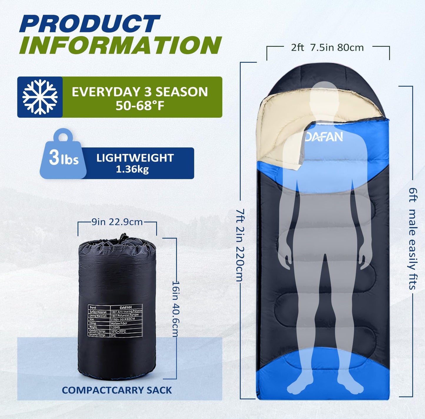 Lightweight Sleeping Bag for Adults, 3-Season Waterproof Backpacking Sleeping Bags with Compression Sack, Comfort Temp 50–68°F, Portable Camping Essential Gear for Travel, Hiking, Outdoor, Indoor