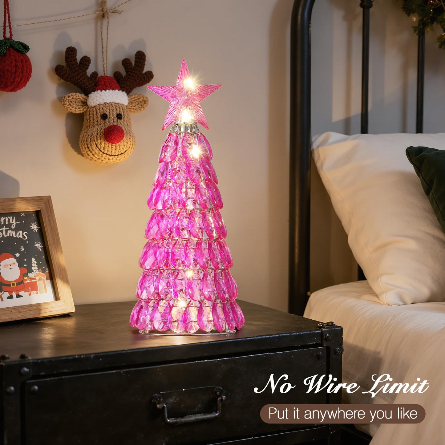 Lewondr Christmas Tree Lamp, 12 Inch Battery Powered Crystal Tabletop Lighted Christmas Decorative Light LED Lamp, Luxury Handmade Glittering Xmas Tree Table Decoration for Home Party Gift, Pink