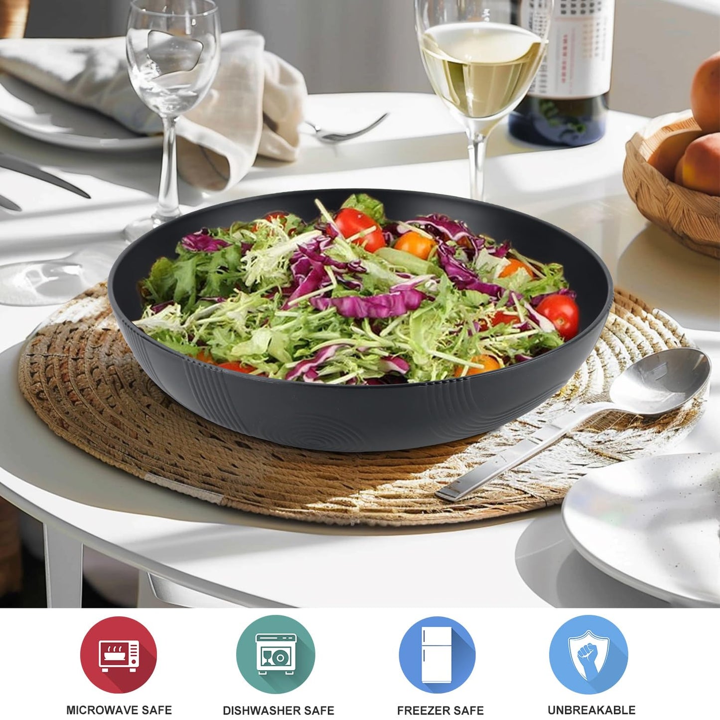 Wrova Large salad bowls,65oz Salad bowls set of 2,Unbreakable Plastic bowls Microwave & Dishwasher Safe Bowls,Wheat Straw Serving Bowls for Salad, Cereal, Fruit, Dishwasher Safe.Black