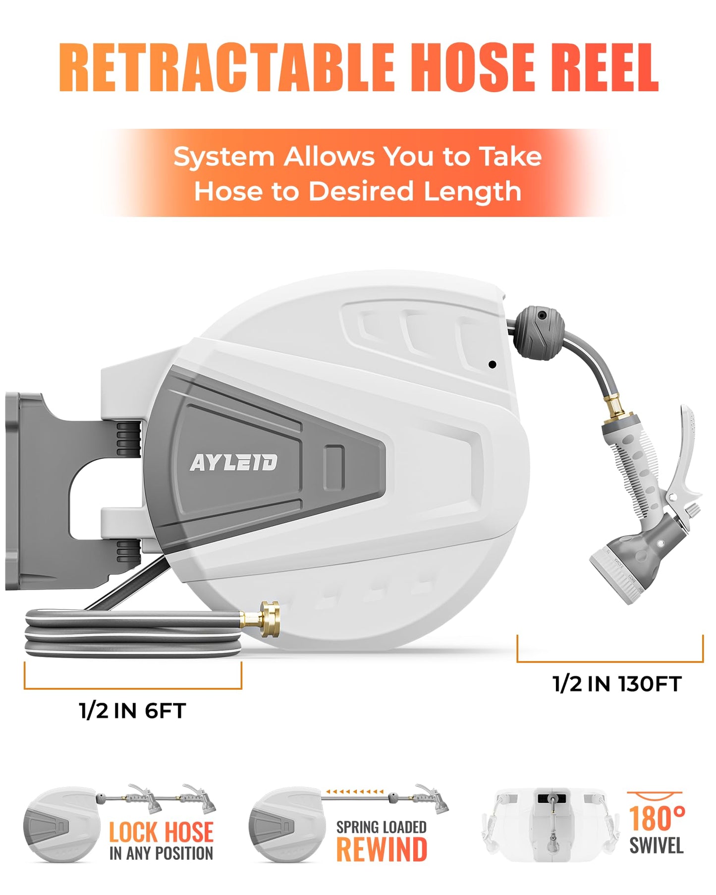 Ayleid Retractable Garden Hose Reel,1/2 in x 130 ft Wall Mounted Hose Reel, with 9- Function Sprayer Nozzle, Any Length Lock/Slow Return System/Wall Mounted/180°Swivel Bracket (Gray)
