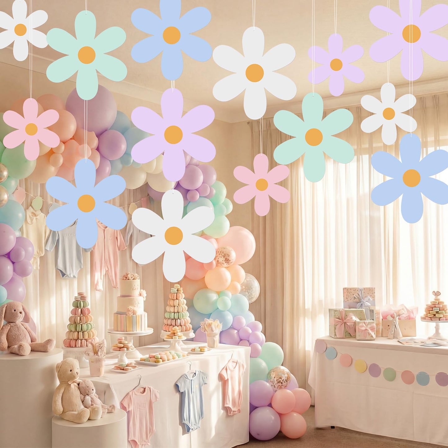 Chinco 30 Pcs Daisy Hanging Decorations for Ceiling Hippie Hanging Garland for Birthday Wedding Party Baby Shower Bridal Shower Home Flowers Party Supplies (Pastel Daisy)