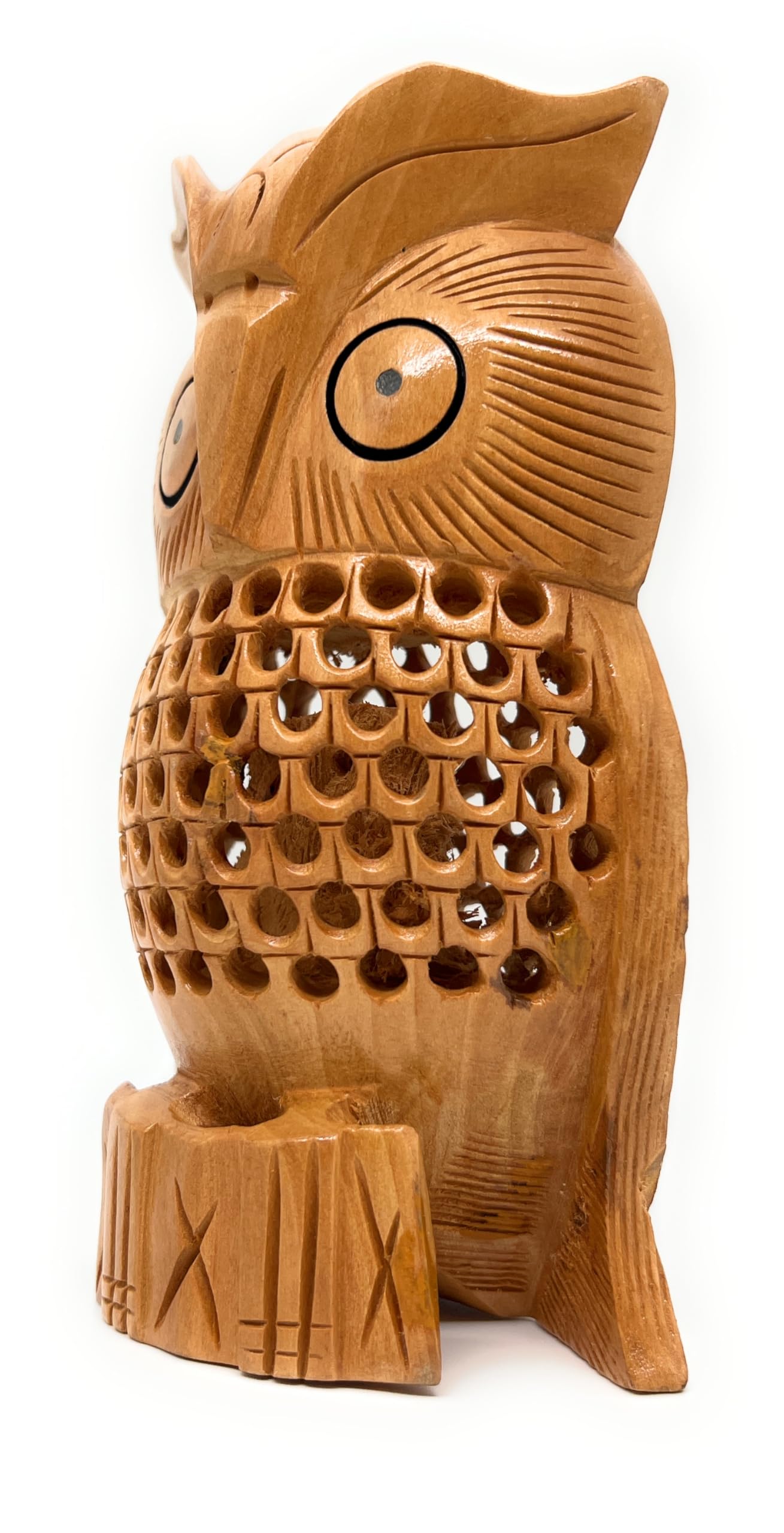 South Asian Handicrafts Handmade Cedar Wood Undercut Owl, Aromatic Natural Carving, Artisanal Family Decor & Unique Gift, Decorative Jali Cutwork Design (Owl)