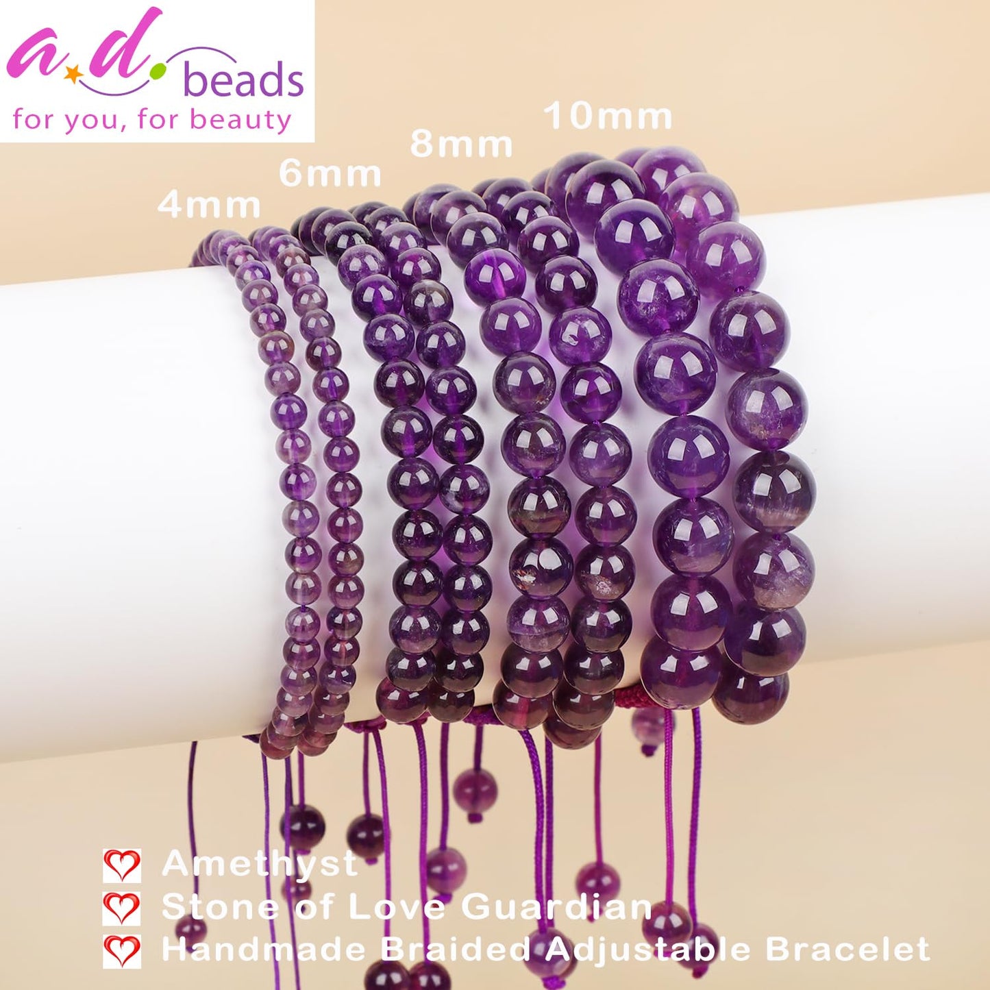 AD Beads 8mm Amethyst Bracelet - Stone of Love Guardian - Handmade Natural Stone Crystal Bracelet with Adjustable Macrame String - Yoga Healing Power Energy Gifts for Men and Women