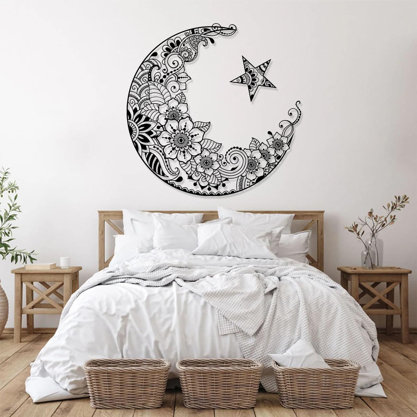 Mandala Moon Metal Wall Art, and Stars Decor, Lotus Flowers, Modern Home, Boho for Bedroom