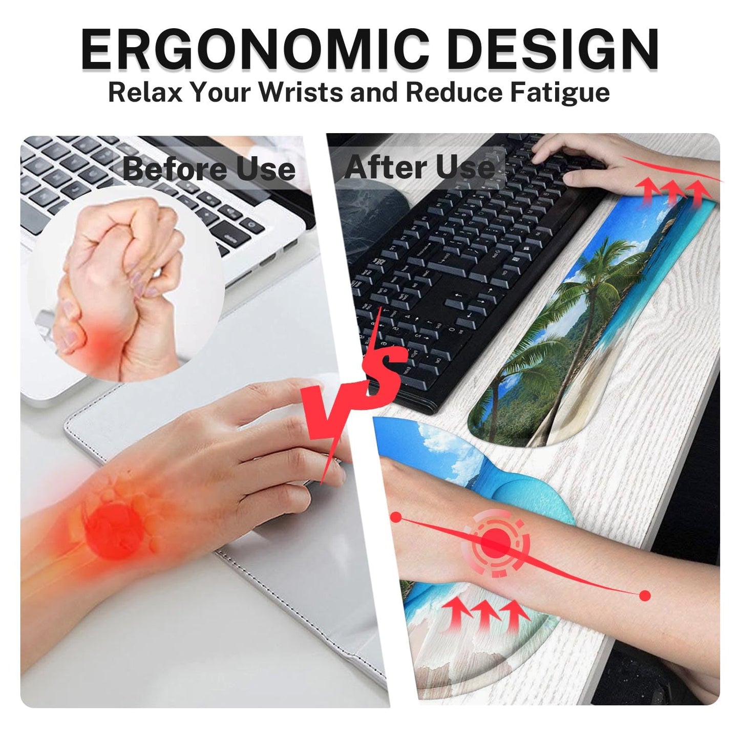 Arttown Tropical Sunshine Beach Desk Mat Summer Ocean Mouse Pad Set 4 in 1 Ergonomic Design Large Desk Pad + Keyboard Wrist Rest + Mouse Wrist Rest + Coaster Suitable for Home Office Study Game