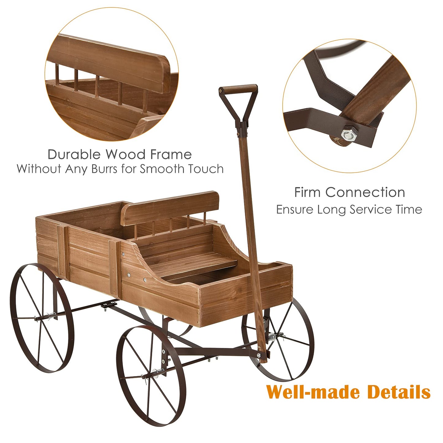 Goplus Wagon Planter, Decorative Wooden Garden Planter with Wheels, 2 Planting Sections and Adjustable Handle, Indoor Outdoor Backyard Balcony Decor (Brown)