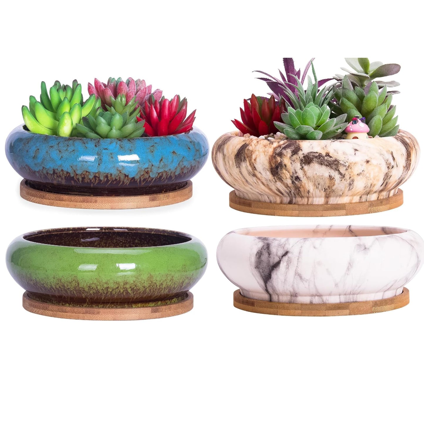 ARTKETTY Succulent Pots - 7.3 Inch Pack of 4, Shallow Bonsai Pots with Drainage, Tray & Bamboo Saucers, Ceramic Indoor Plant Pots for Succulent, Cactus, Flower, Herb
