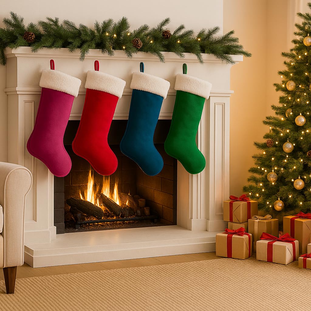 LinaGarten 4 Pack Christmas Stockings 20 Inches Large Merry Christmas Stocking Holiday Party Decor Hanging Tree Fireplace Mantle Ornaments Decorations (4, Multi-Large)