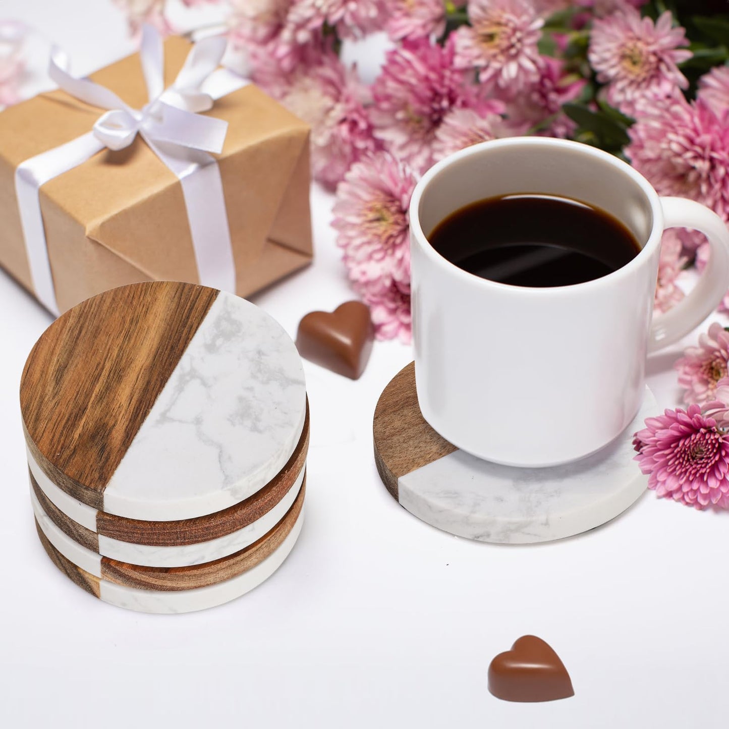 ZENFUN 6 Packs Marble Wood Coasters, Round Coaster, Handcrafted Artificial Marble Coasters Set for Your Drinks and Beverages, Tea, Coffee, Wine/Bar Glasses, Tabletop Protection Helper