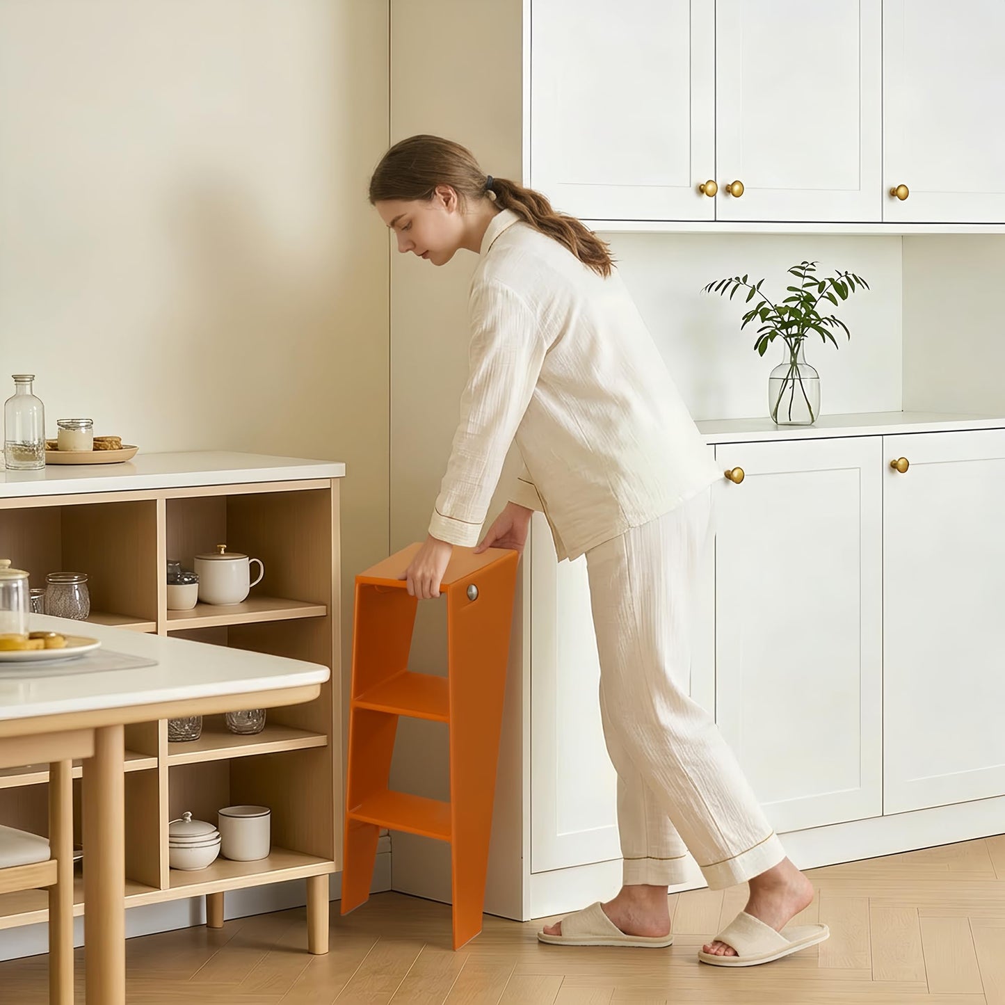 HOTEAGLE Ladder Shelf, Multifunctional 3-Tier Bookshelf, Stylish Bedroom Shelves Double as Bedside Table, Side Table for Home Living Room, Kitchen and Bedroom,Orange