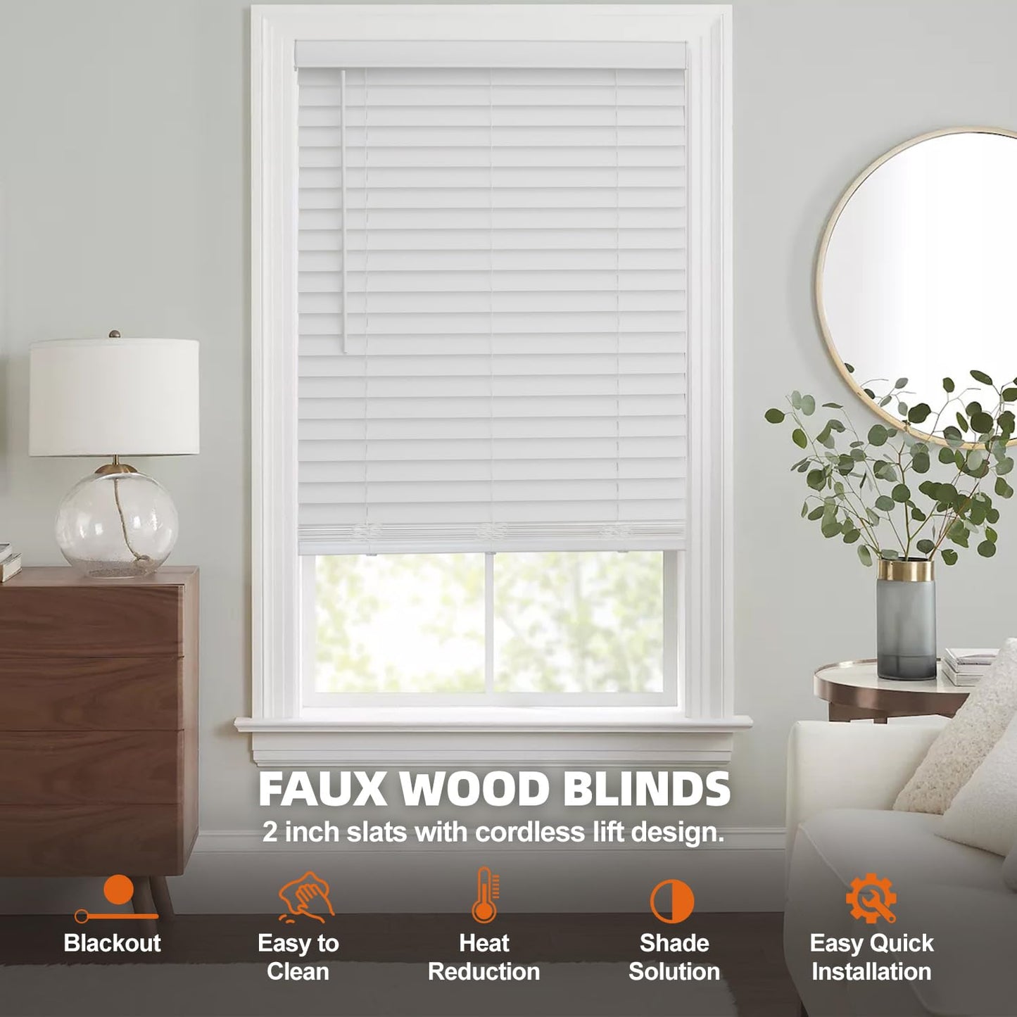 Faux Wood Blinds for Indoor Windows, 35" Width x 60" Height Cordless Window Blinds with Valance for Home, No-Hole Privacy Slats,2" White Blinds for Kitchen, Bathroom & Living Room