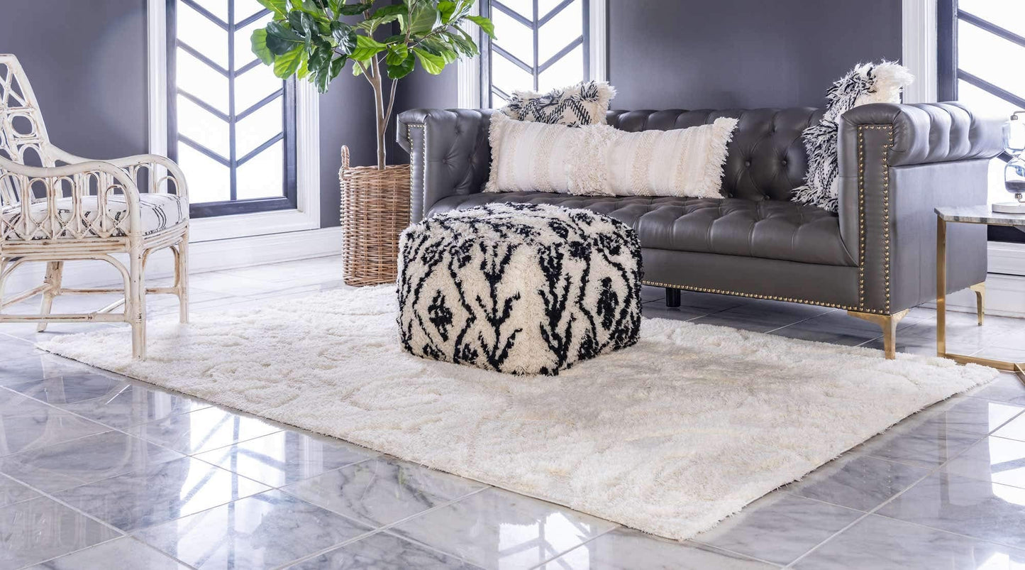 Unique Loom Floral Shag Collection Area Rug-Carved, 8 ft x 10 ft, Ivory