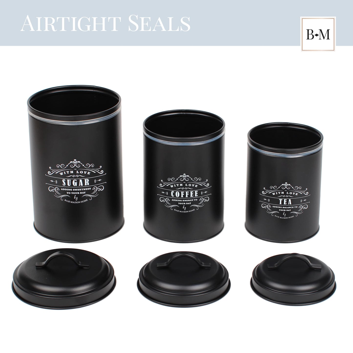Baie Maison Large Black Kitchen Canisters Set of 3 - Farmhouse Canister Sets for Kitchen Counter - Coffee Tea Sugar Container Set - Rustic Kitchen Canisters for Countertop - Metal Kitchen Decor Jars