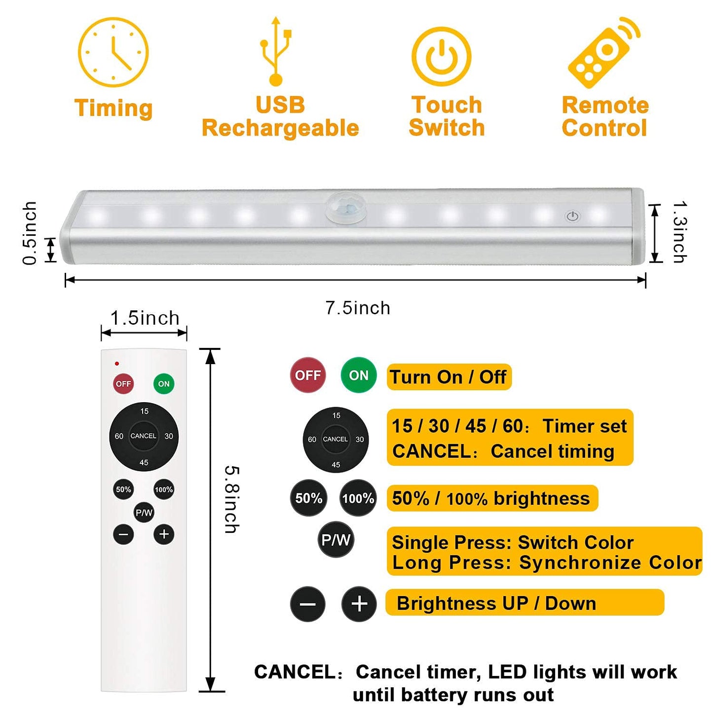 Remote Control Under Cabinet Lighting Wireless 6 Pack, 20-LED Dimmable Closet Lights Rechargeable Under Counter Light, Stick on Touch Night Light Strip Bar for Kitchen Stairway Bedroom, 3 Colors