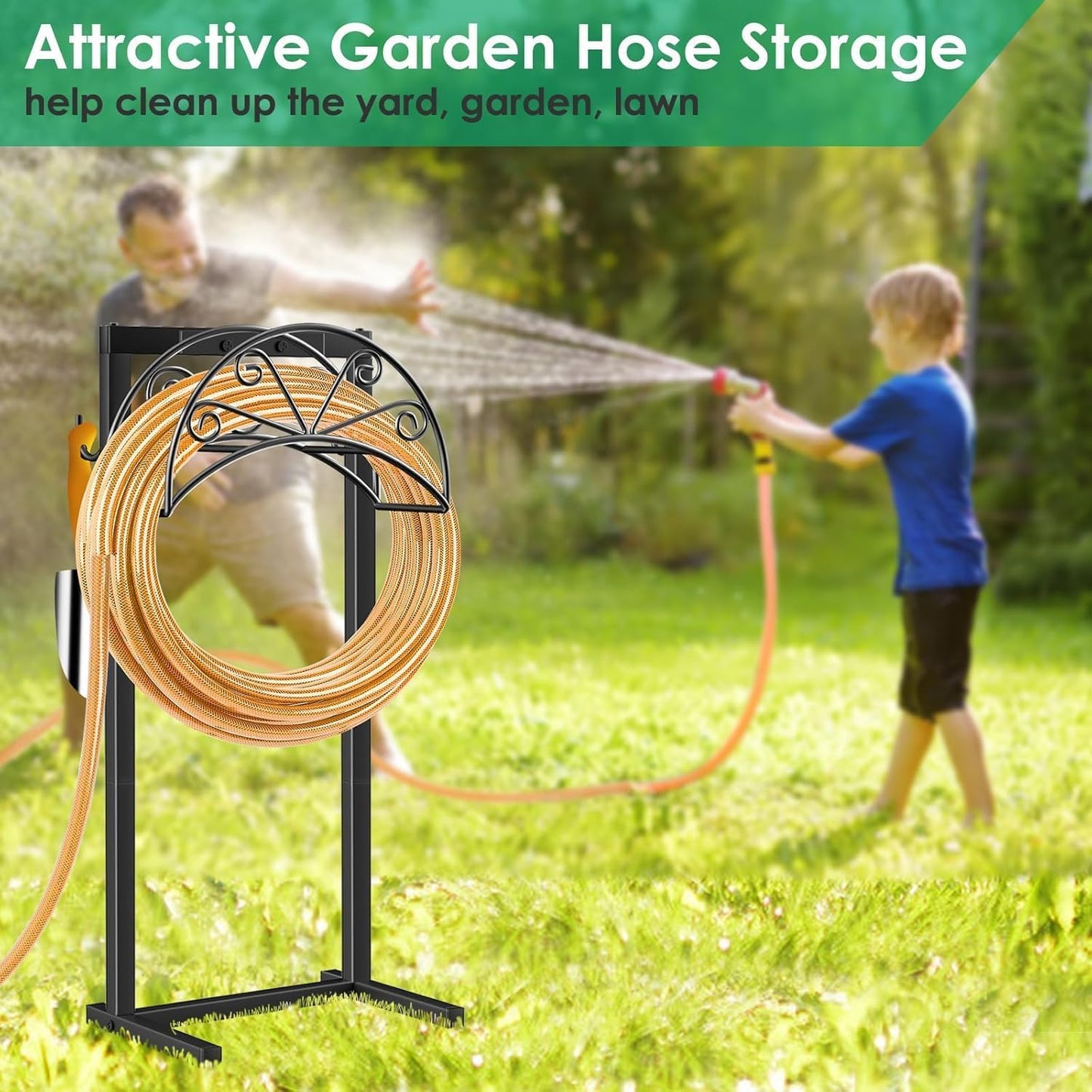TomCare Garden Hose Holder Heavy Duty Water Hose Holder Holds 160 FT Hoses 4 Spikes Hose Reel Freestanding Hose Hanger Sturdy Hose Storage Stand for Outside Yard Lawn