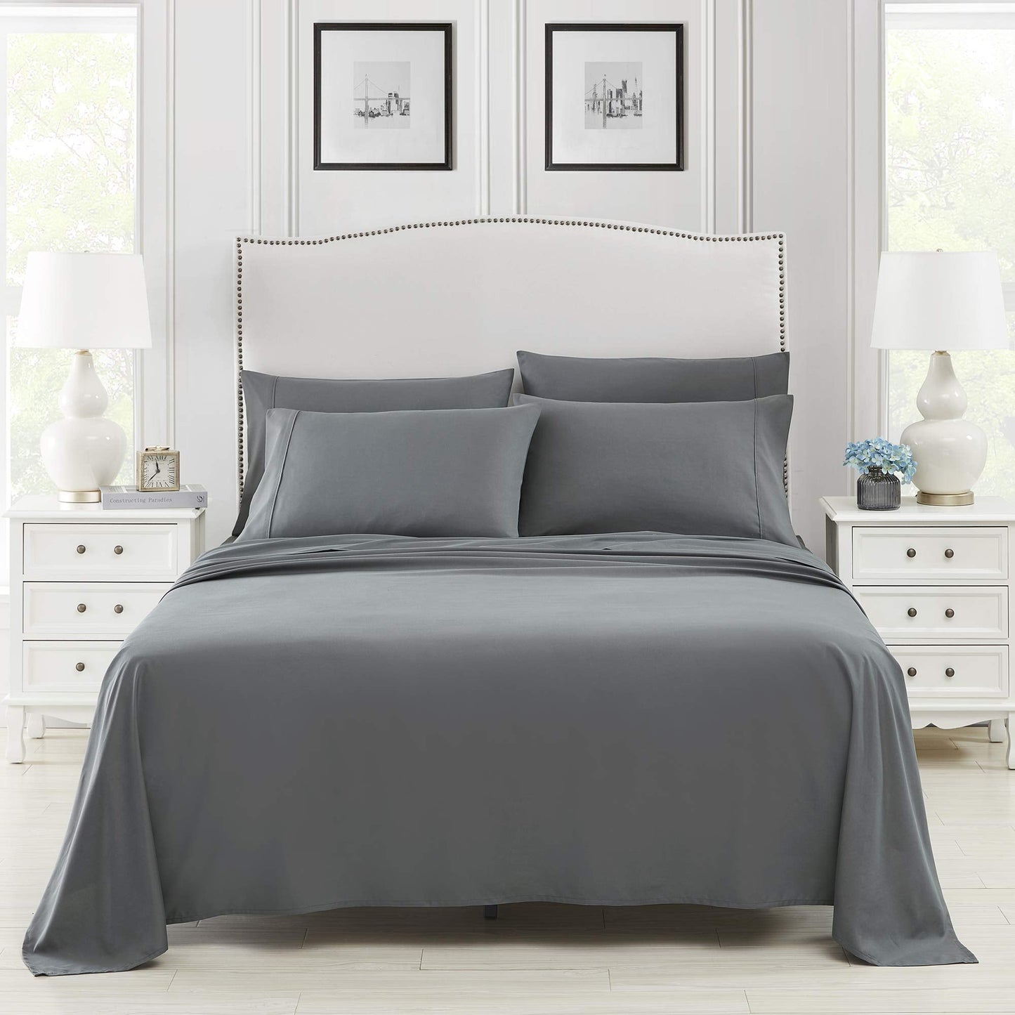 Queen Bed Sheet Set, 6 PC Super Soft Microfiber Bedding Set, Wrinkle & Fade Resistant Sheet Set, Hotel Quality Fits Mattress Up to 14'' Deep Pocket, Grey