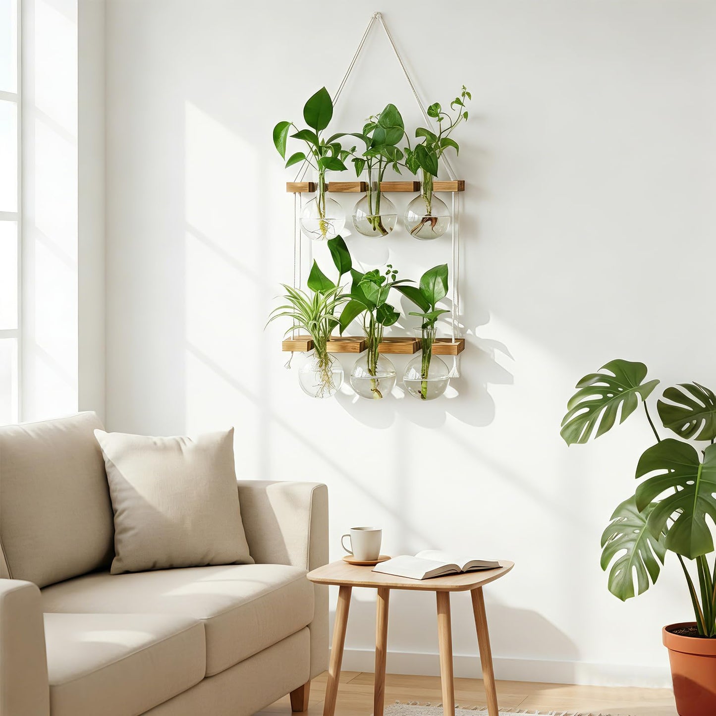 Renmxj Plant Propagation Station Wall Hanging, Plant Terrarium with 2 Tiered Wooden Stand for Hydroponics Plants, Unique Gardening Gifts for Women Mom Plants Lovers - 6 Bulb Glass Vases