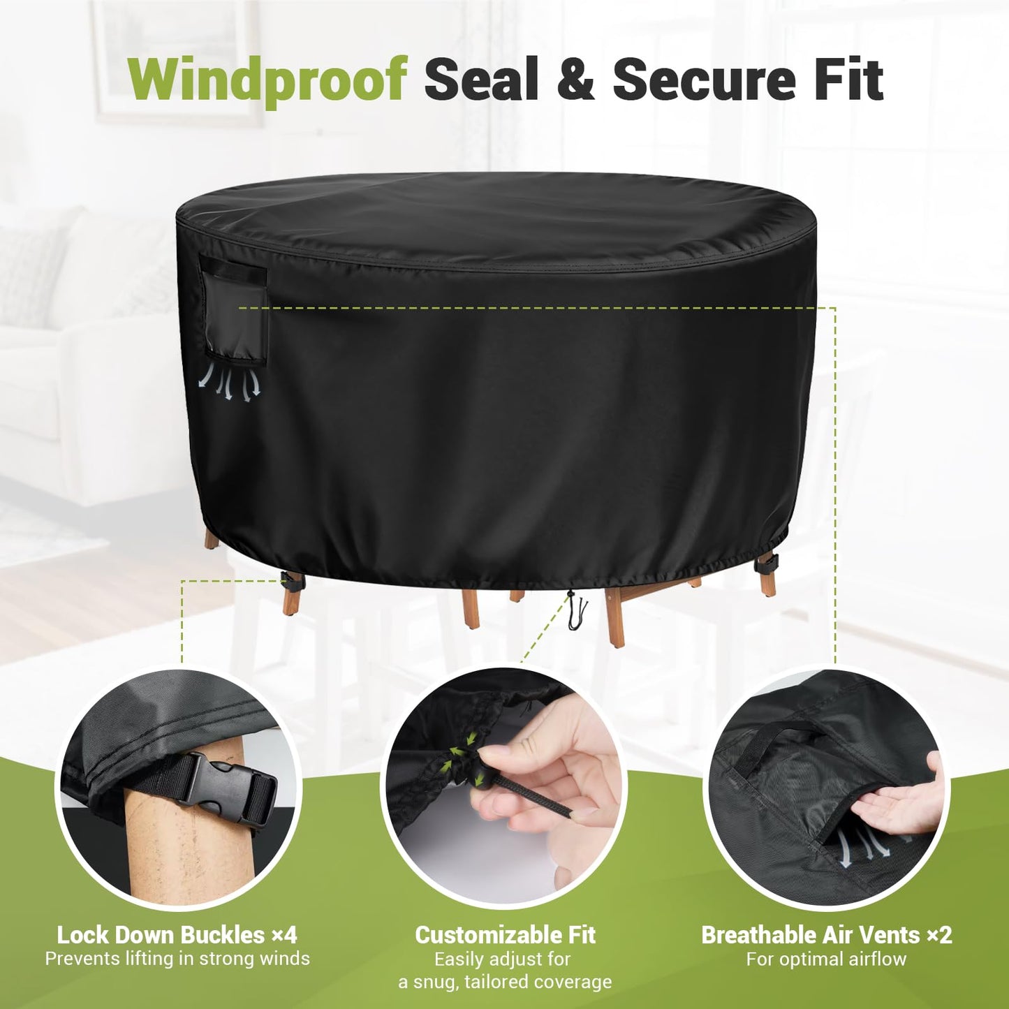 Vercome Heavy Duty Round Patio Dining Table Cover, 60 Inch Waterproof Outdoor Furniture Cover for Large Round Table and Chair Sets (Black, 60"DIAx36"H)