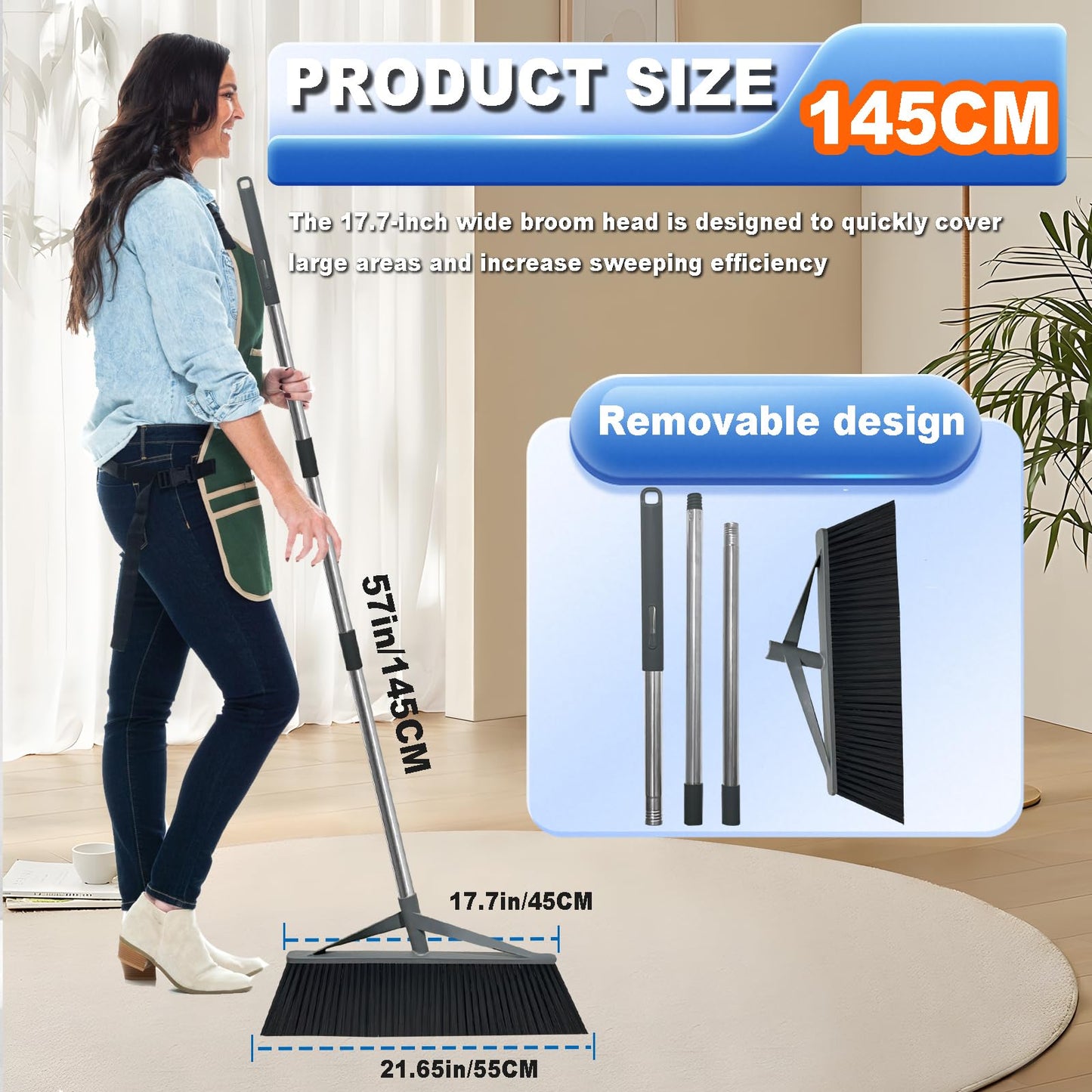 Xifando 17.7inch Wide Large Broom for Sweeping Indoor or Outdoor, Whole Length 57inch Long Handle Heavy Duty Broom with Soft Bristle