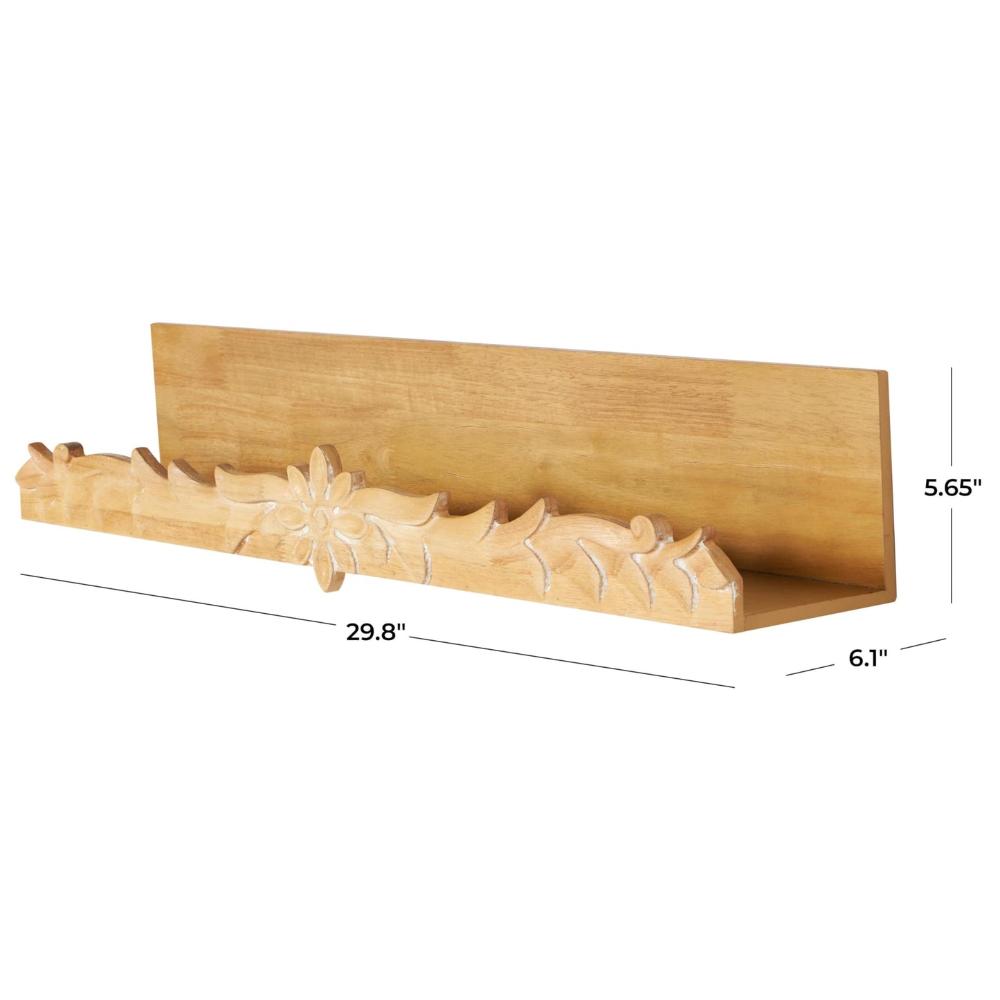 Deco 79 Wooden Floral Wall Shelf with Carved Scroll Lip, 30" x 6" x 6", Light Brown