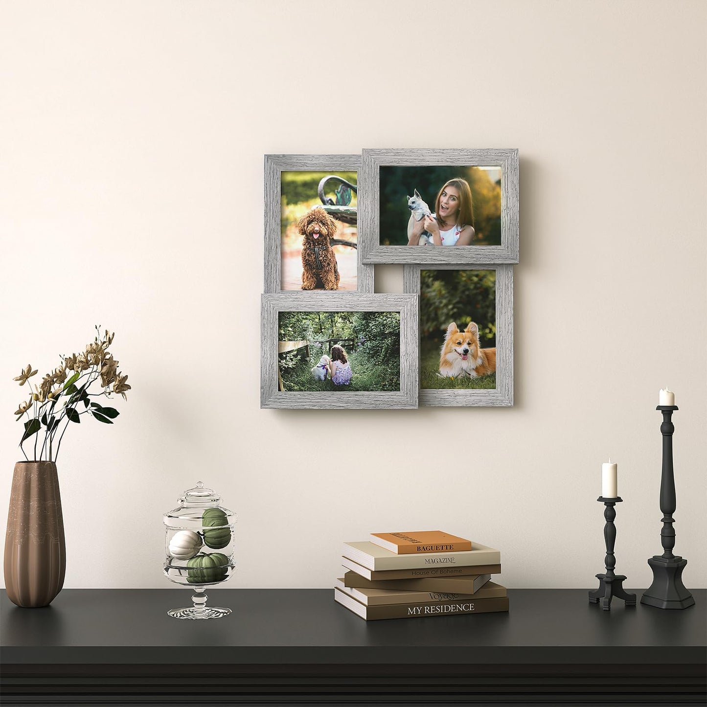 Egofine 4x6 Picture Frame Collage, Family Picture Frame for 4x6 pictures Covered by Plexiglass for Wall Hanging and Tabletop, 4-opening Dimensional Picture Frame for Home Deor, Oak Grey