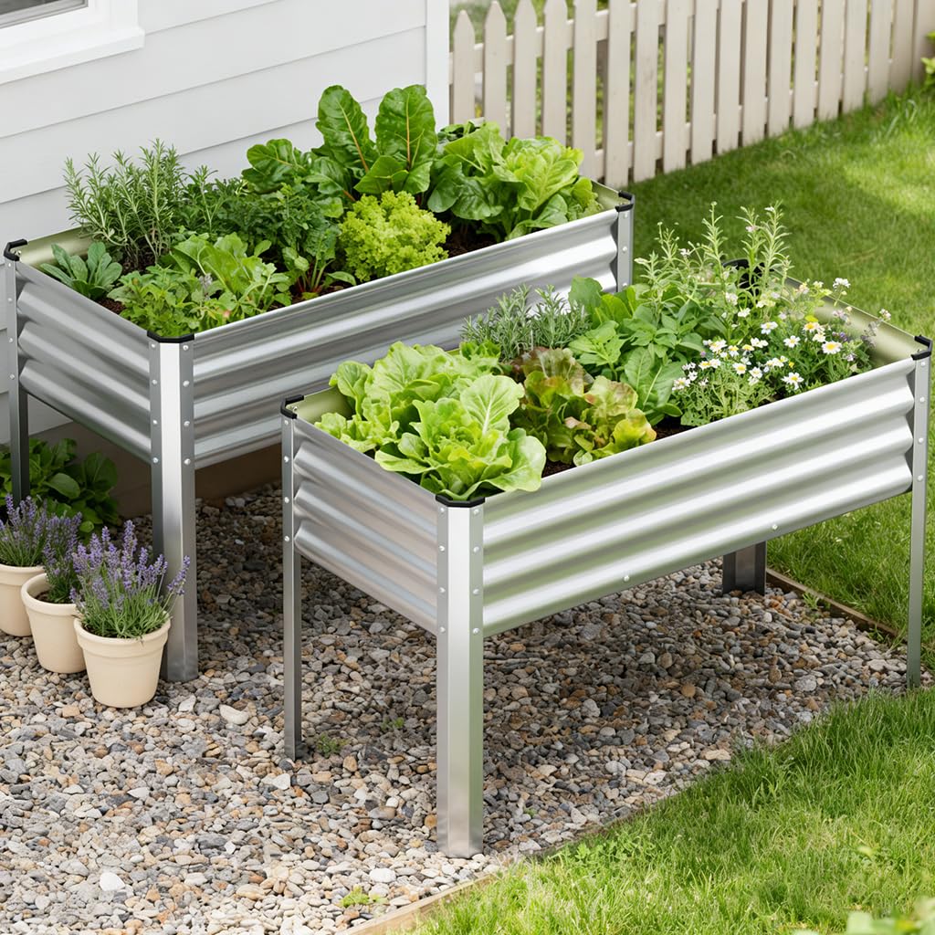 COMHOMA 2 Pack Raised Garden Bed with Legs 4x2x2.5ft,Large Elevated Galvanized Metal Planter Box with Drainage Holes,Outdoor Growing Kit with Gloves Tools for Backyard Patio Lawn,Sliver