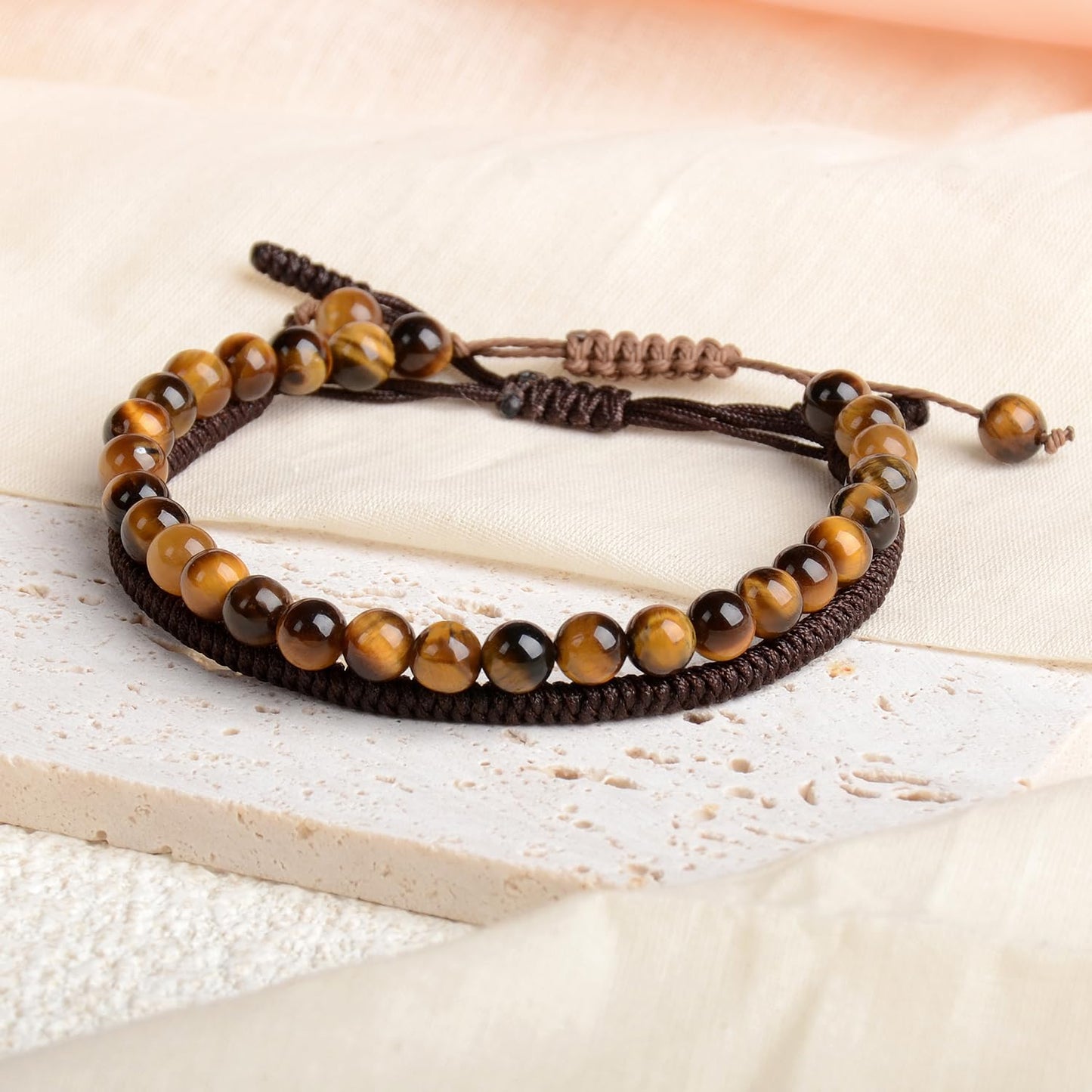 LPBeads 6mm Yellow Tiger's Eye Bracelet with Handmade Rope Bracelet Size Adjustable Natural Stone Crystal Healing Bracelets Gifts for Unisex Adults