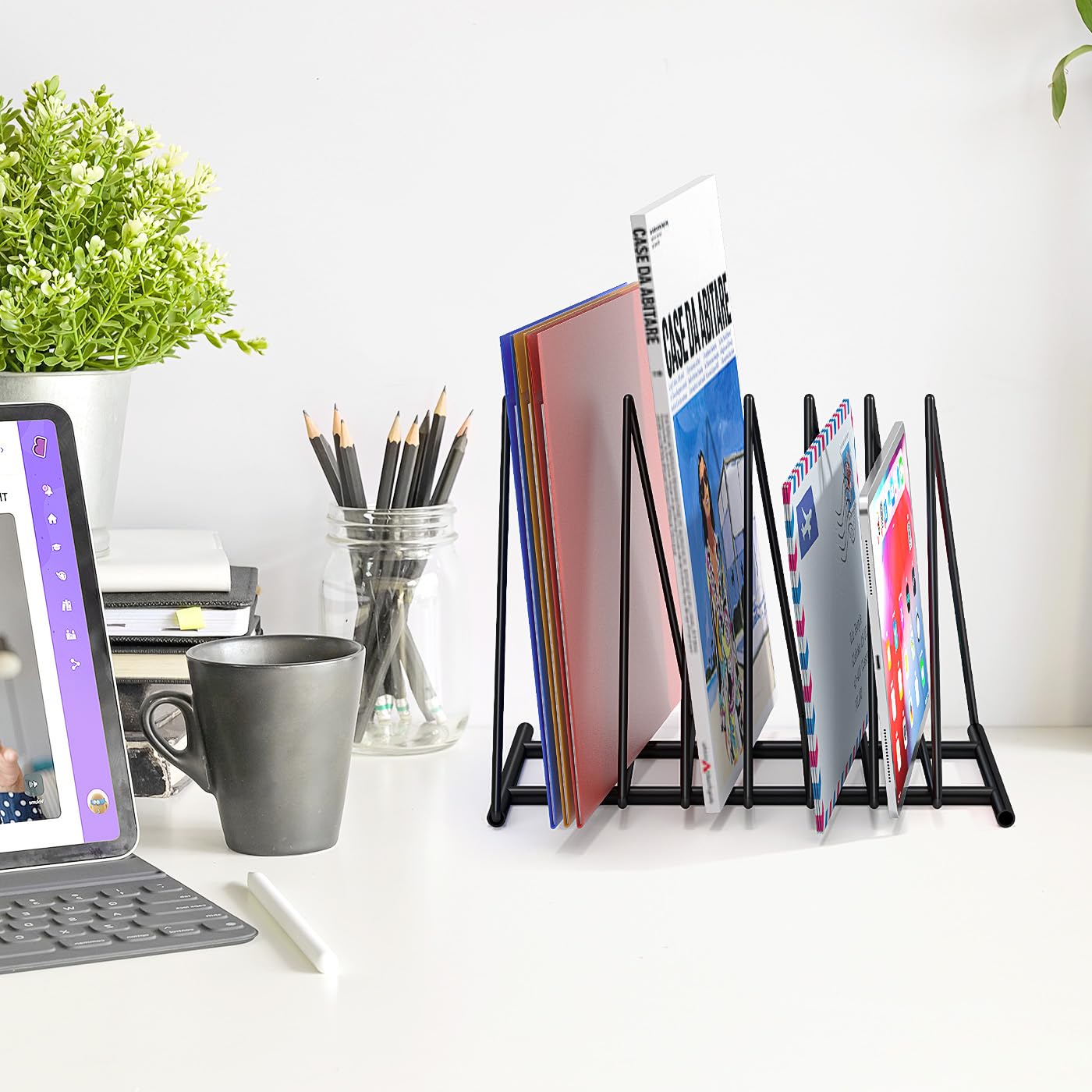 Fun storage Triangle Desk File Organizer, 7 Slots Metal File Sorter Magazine Holder Document Rack,Desktop Bookshelf Organizer for Office Home School,Black