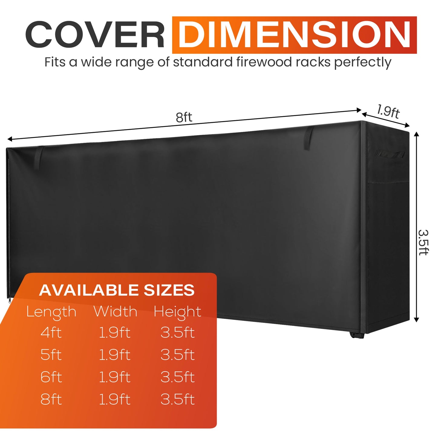 8ft Waterproof Firewood Rack Cover - Heavy Duty Black 600D Oxford Fabric - Indoor Or Outdoor Firewood Log Cover with Zipper & Adhesive Closing Strips - Rack NOT Included - Black