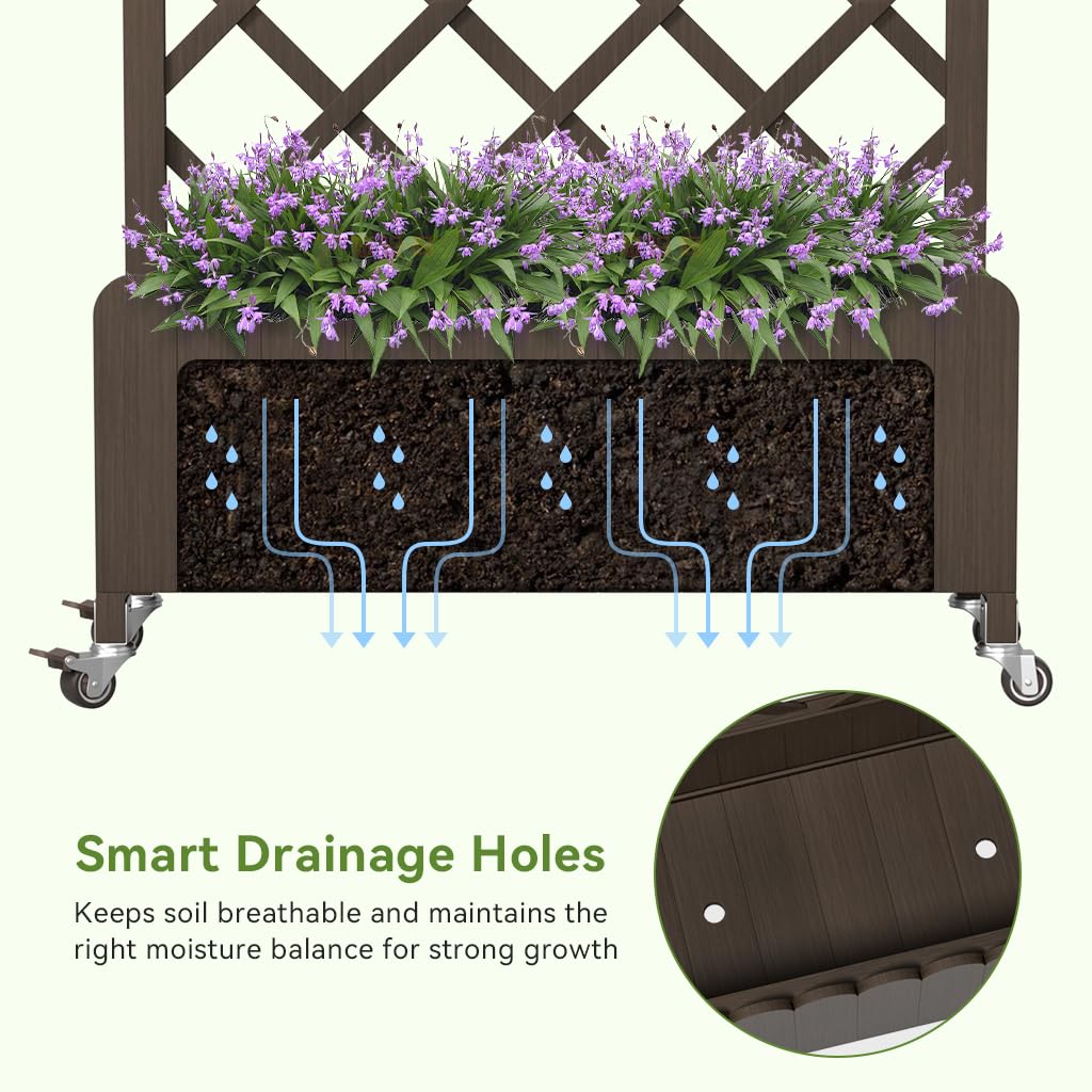 COMHOMA 2 Pack Raised Garden Bed with Trellis and Wheels,48Inch Elevated Planter Box with Drainage Holes,Lattice Privacy Screen for Climbing Plants Vegetables,Outdoor for Patio Balcony Yard,Brown