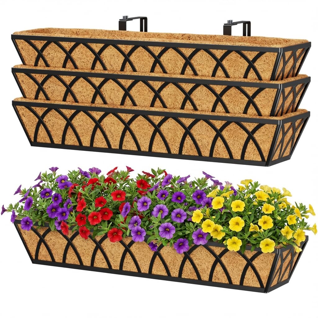 Y&M Railing Planter Boxes, Metal Hanging Balcony Planter, Adjustable Deck Railing Planter for Fence, Window Boxes Outdoor, Heavy Duty Flower Box for Porch Rail-30inch 4pcs